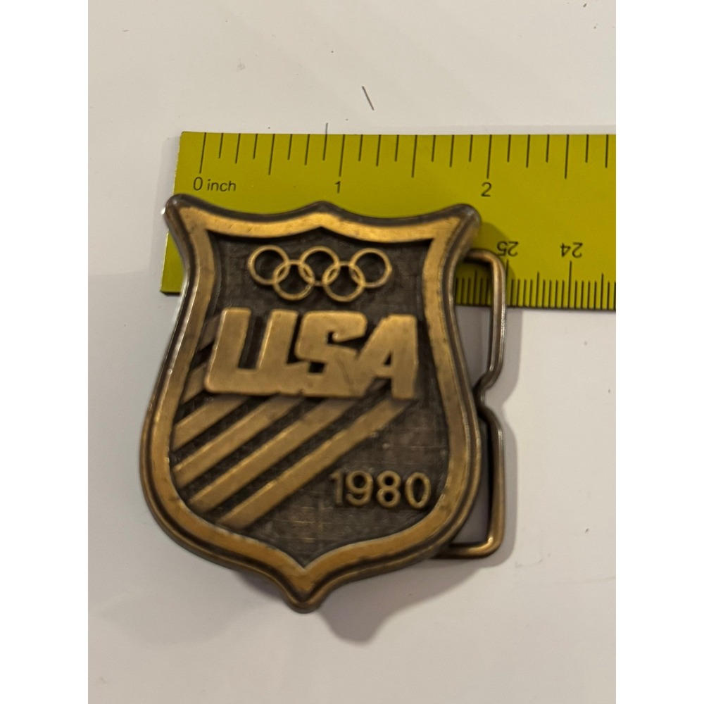 Vintage 1980 USA Olympic Committee Belt Buckle Shield Brass Paul Pollin Assoc